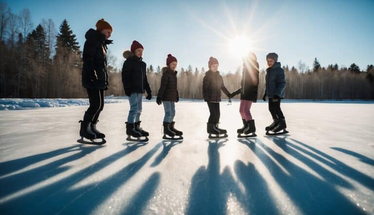 A group of beginners learning to ice skate on a frozen pond, surrounded by snow-covered trees and a clear blue sky