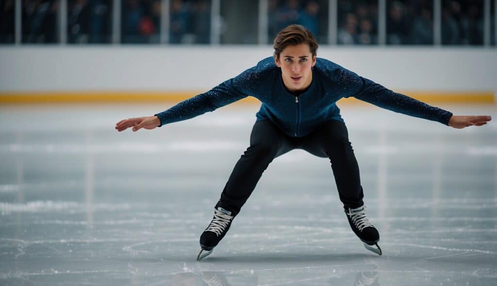 A beginner ice skater glides across a smooth, glistening ice rink, with one foot pushing off and the other trailing gracefully behind