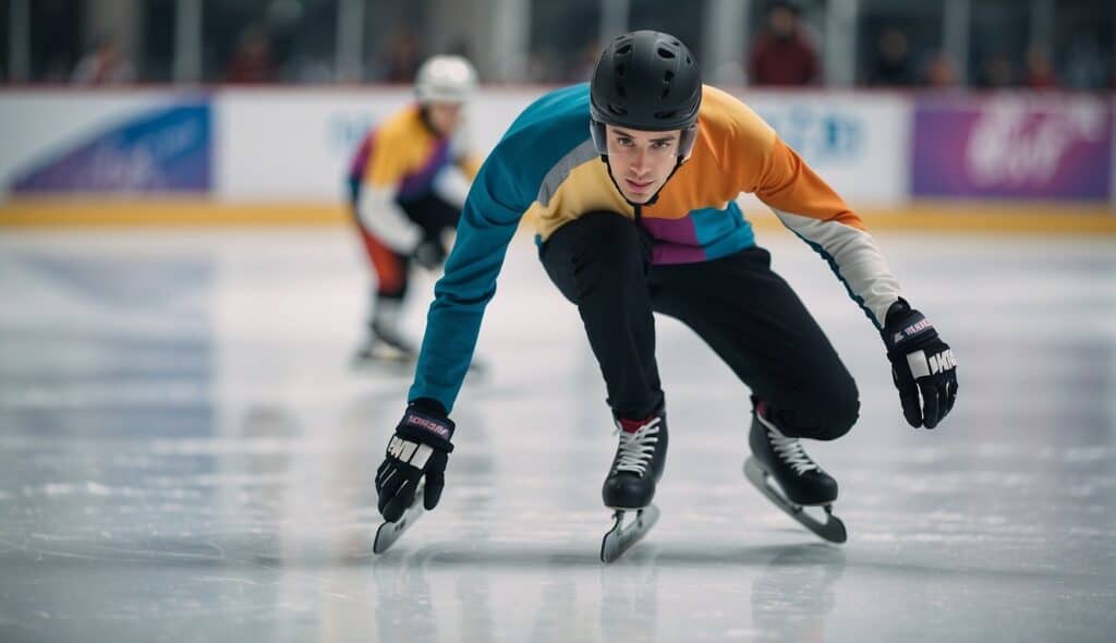 A beginner skater glides confidently on smooth ice, following helpful tips. Bright, colorful skates and a supportive atmosphere create an inviting scene for new ice skaters