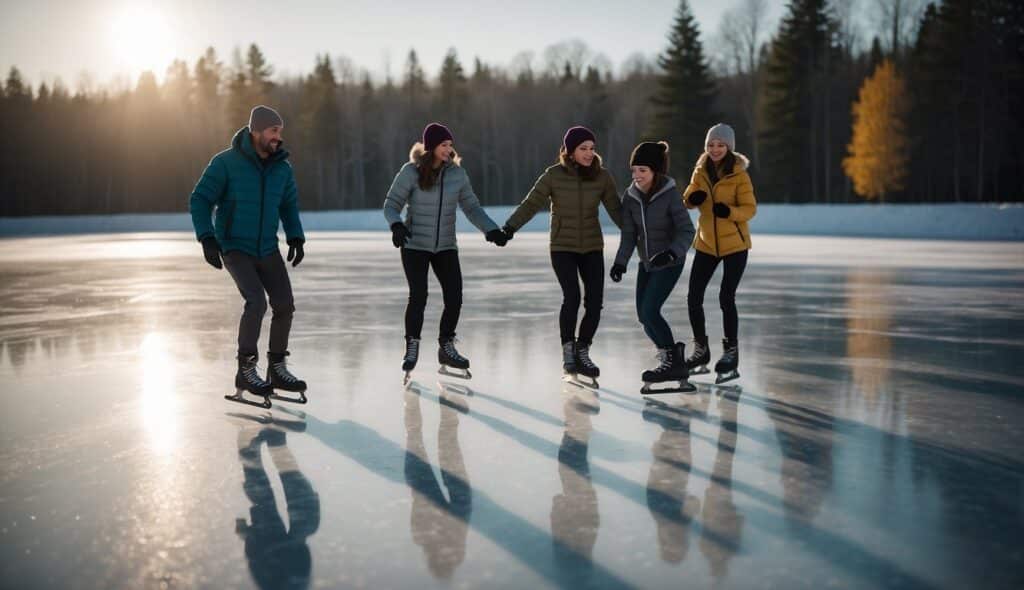 A group of beginners ice skating on a frozen pond, with instructors guiding them and additional resources available nearby