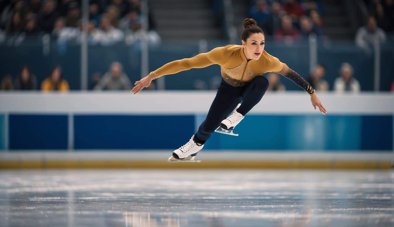 A figure skater gracefully glides across the ice, executing a flawless triple axel jump with precision and elegance. The audience watches in awe as the skater's movements tell the captivating story of the history of figure skating