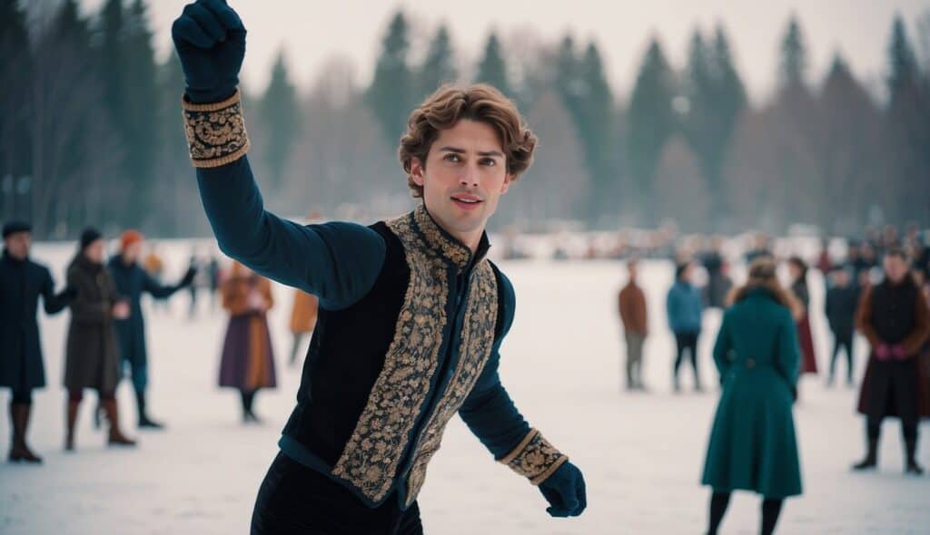 A historical figure skater performs on a frozen lake, surrounded by onlookers and traditional music