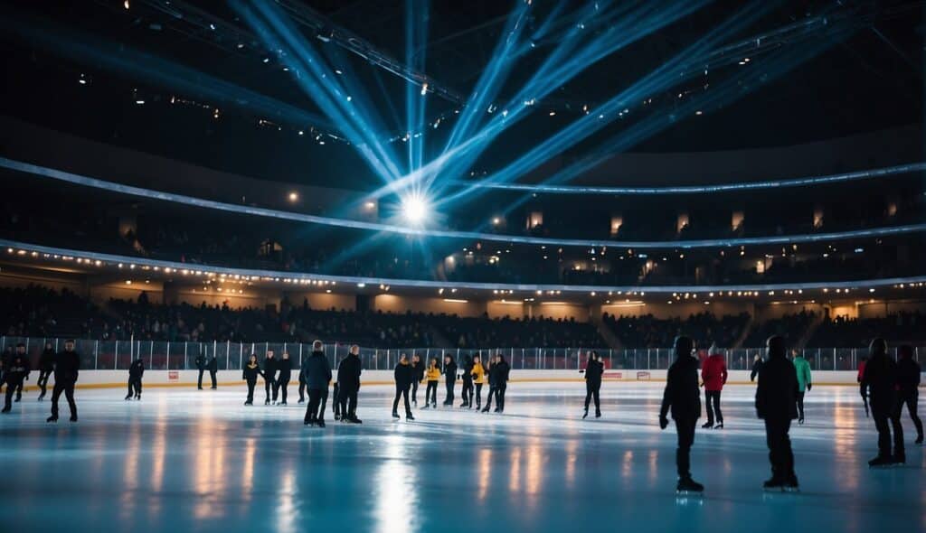 An ice rink filled with competitors, judges, and spectators at an international figure skating competition. Bright lights illuminate the ice as skaters perform intricate routines