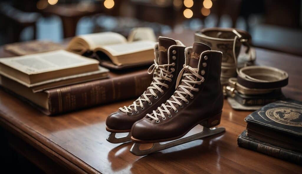 A table with vintage ice skates, a history book, and old photographs of figure skaters