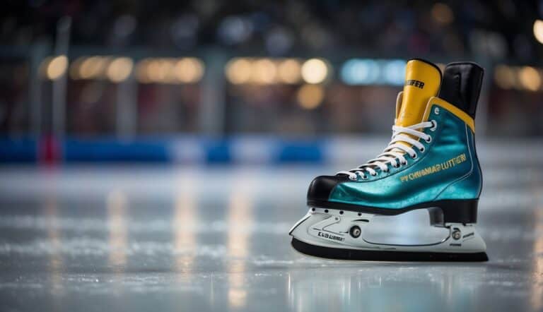 Eisläufer practicing drills on ice rink, performing jumps and spins. Brightly colored figure skates gliding gracefully. Spectators watching from the sidelines