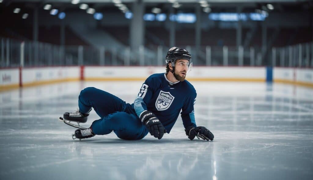 Eisläufer performing injury prevention exercises on ice rink. No human subjects or body parts