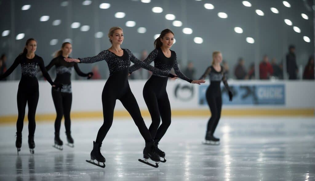 Energetic ice skaters practice advanced techniques and exercises on a glistening rink, showcasing precision and skill