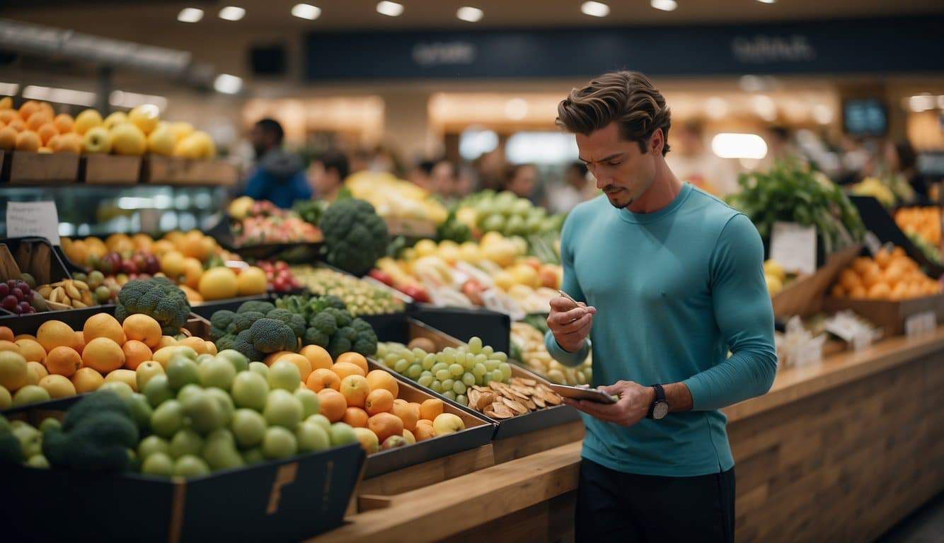 An ice skater surrounded by healthy foods like fruits, vegetables, and lean proteins. A nutritionist provides advice while the skater takes notes