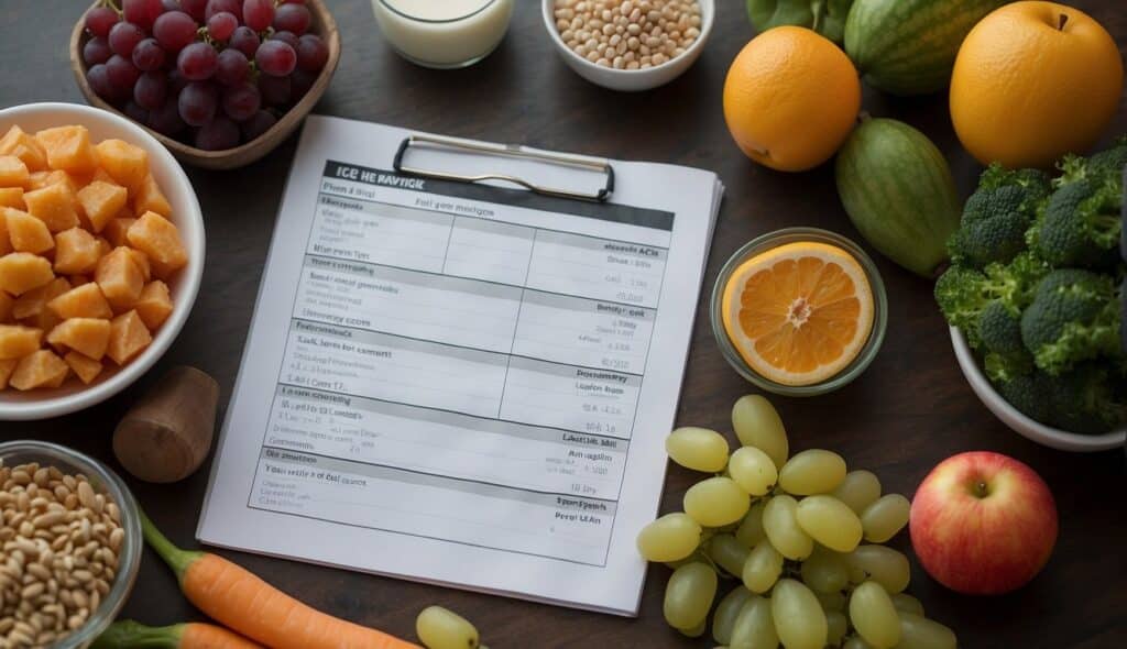 An ice skater's meal plan laid out with fruits, vegetables, and lean proteins. A water bottle and sports supplements sit nearby