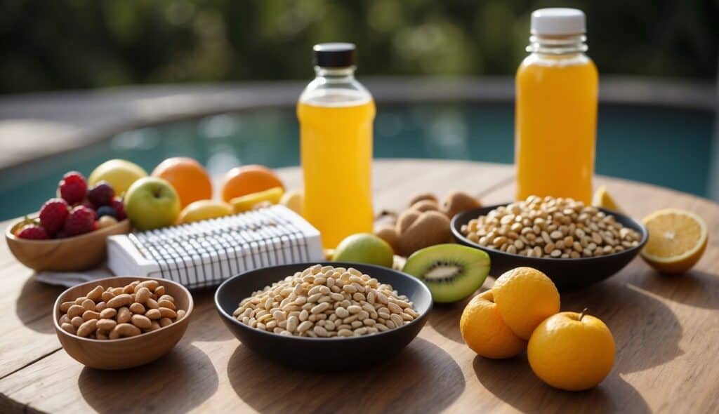 A table covered with supplements, protein bars, and fruits. A water bottle and a notebook with nutrition tips for figure skaters