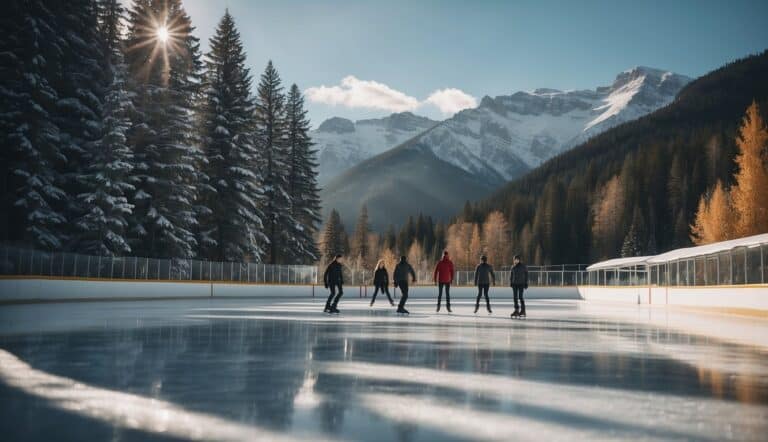 A picturesque ice skating rink surrounded by snow-covered mountains and pine trees, with skaters gliding gracefully on the glistening ice