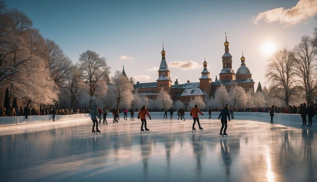 A historical ice skating rink with a diverse range of skaters enjoying the activity. The rink is surrounded by beautiful scenery and iconic landmarks from around the world