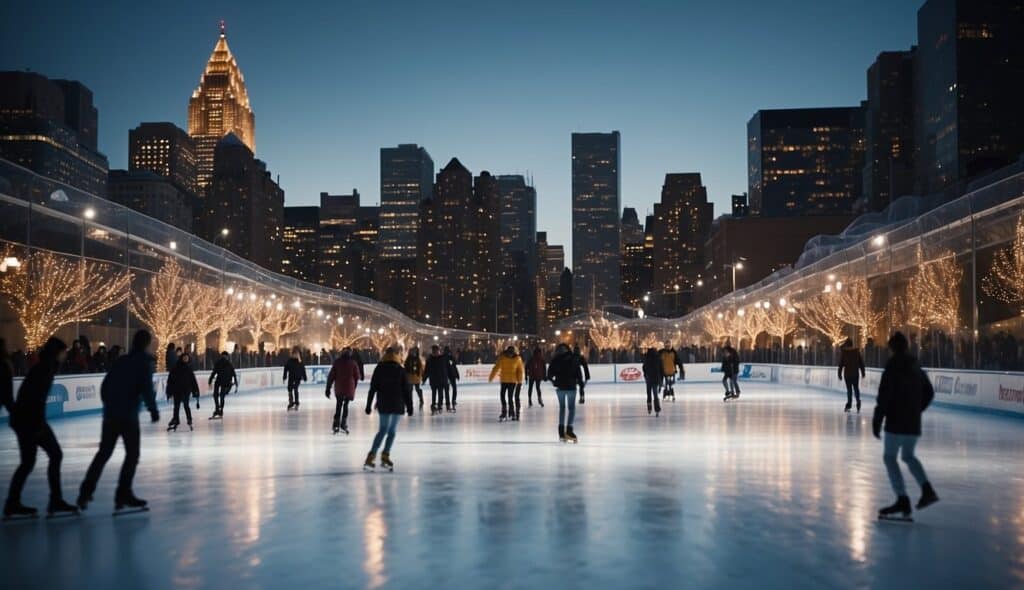 A bustling ice rink surrounded by towering city buildings, with skaters gliding gracefully under the twinkling lights