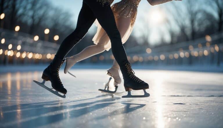 Elegant figure skaters gliding on ice, performing graceful jumps and spins with precision and poise. Sparkling costumes catching the light as they move