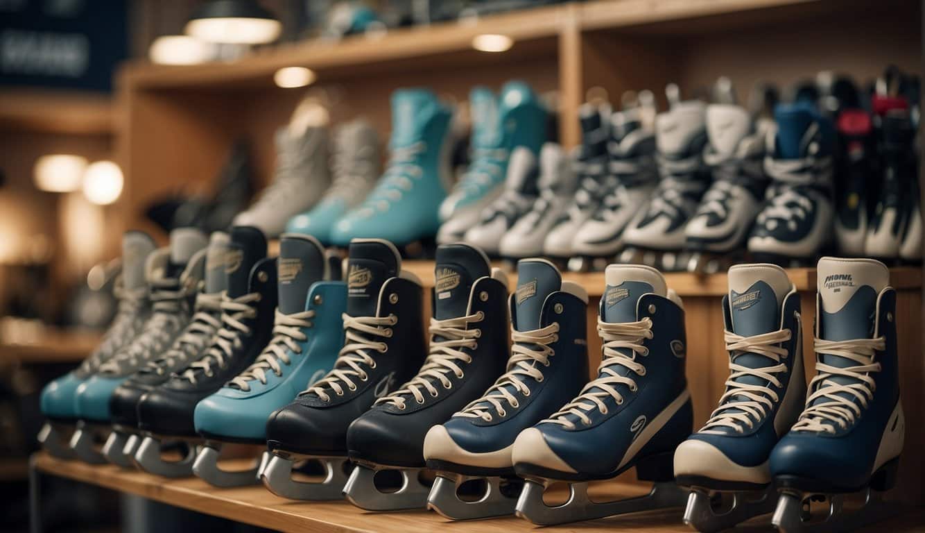 A display of various ice skates arranged neatly on a shelf, with a maintenance kit and a sign indicating "Selection and Care of Ice Skates" in the background