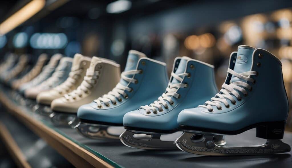 A person carefully selecting ice skates from a display, surrounded by various styles and sizes. A pair of skates is being held up for closer inspection