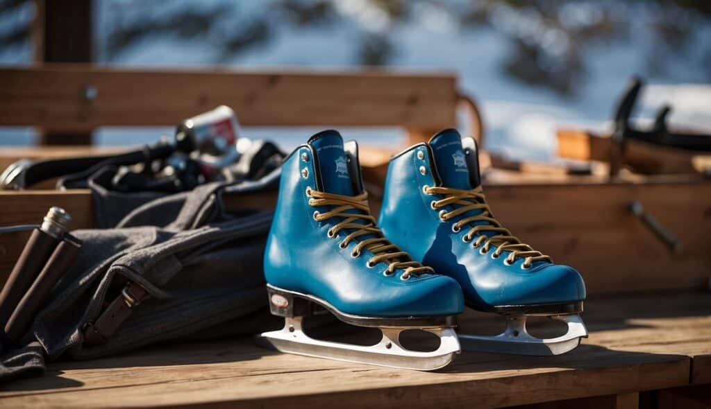 A pair of ice skates sits on a wooden bench, surrounded by a selection of maintenance tools and supplies. The blades glisten in the light, showing signs of recent care and attention