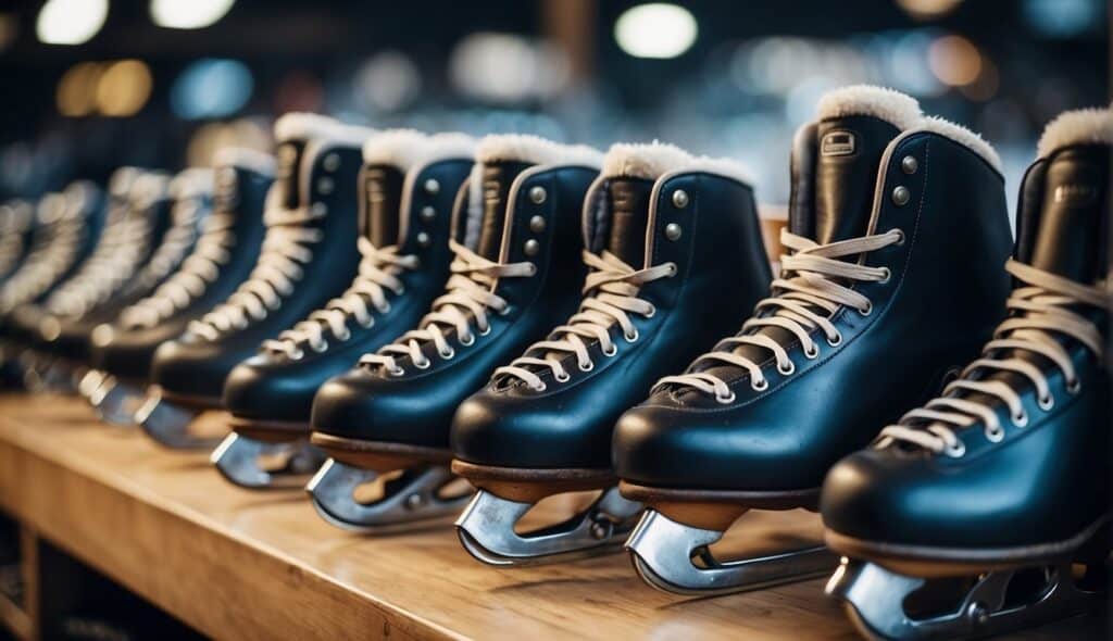 A display of ice skates in various sizes and styles, with a section dedicated to skate maintenance tools and accessories