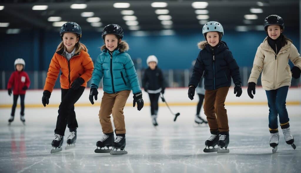 A group of people of different ages and skill levels are skating on an ice rink, following safety guidelines and wearing protective gear to prevent injuries