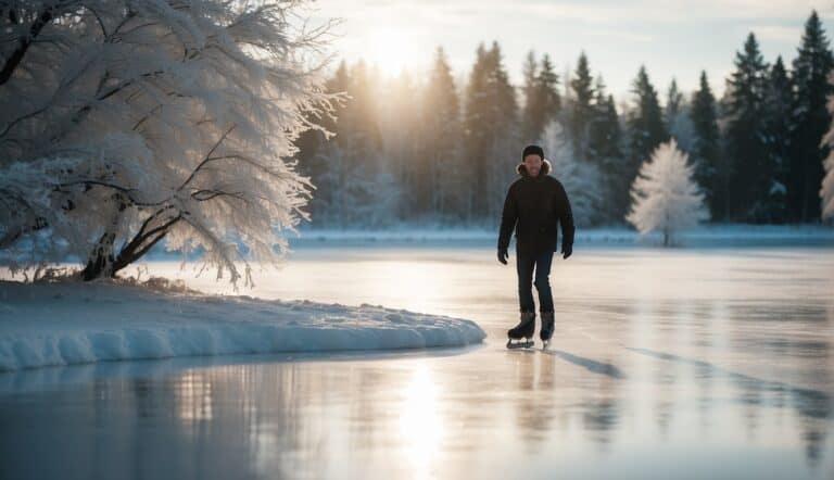 An adult learning to ice skate on a frozen pond with snow-covered trees in the background