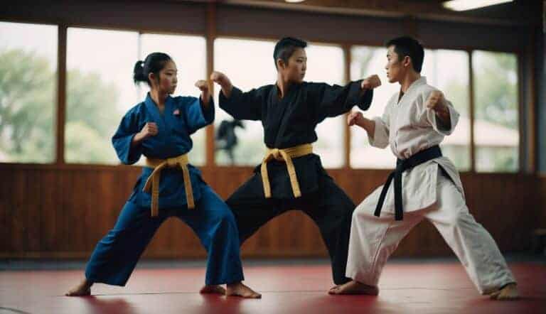 Two figures practicing martial arts techniques in a dojo