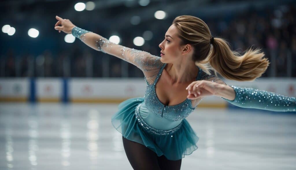 A figure skater gracefully executes practical application techniques on the ice