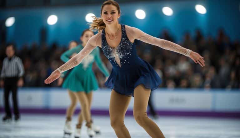 Figure skating competition: skaters performing jumps and spins on ice, judges watching closely, audience cheering in the background