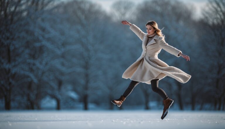 A figure gracefully glides across the ice, body held upright with arms extended, demonstrating balance and poise