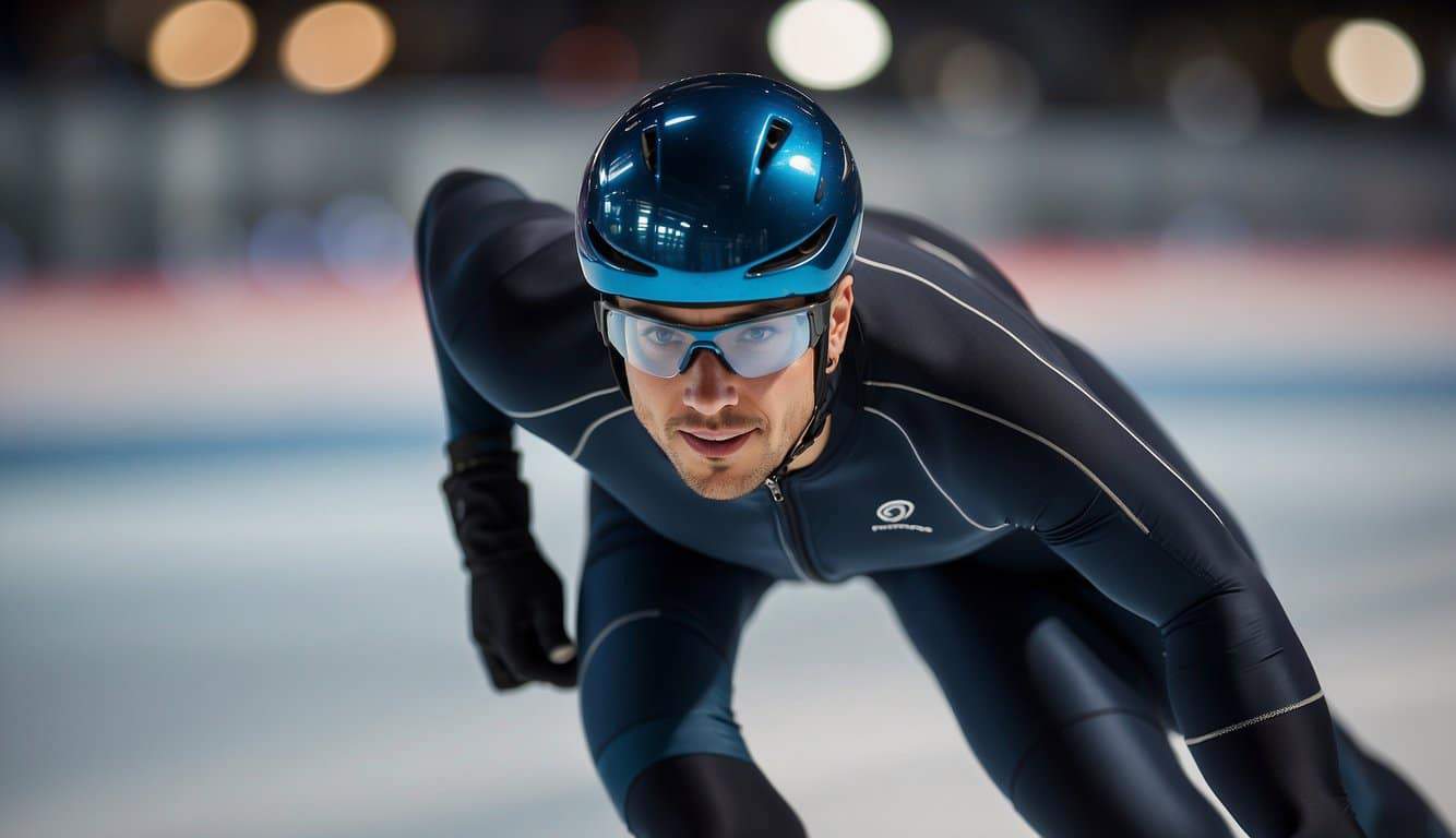 A speed skater glides smoothly around a curved track, leaning into the turn with focused determination. The ice glistens under the bright arena lights as the skater picks up speed, pushing through each powerful stride