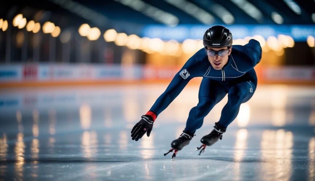 A speed skater glides around a curved ice track, leaning into the turn with precision and determination. The ice glistens under the bright lights, and the skater's form is focused and powerful