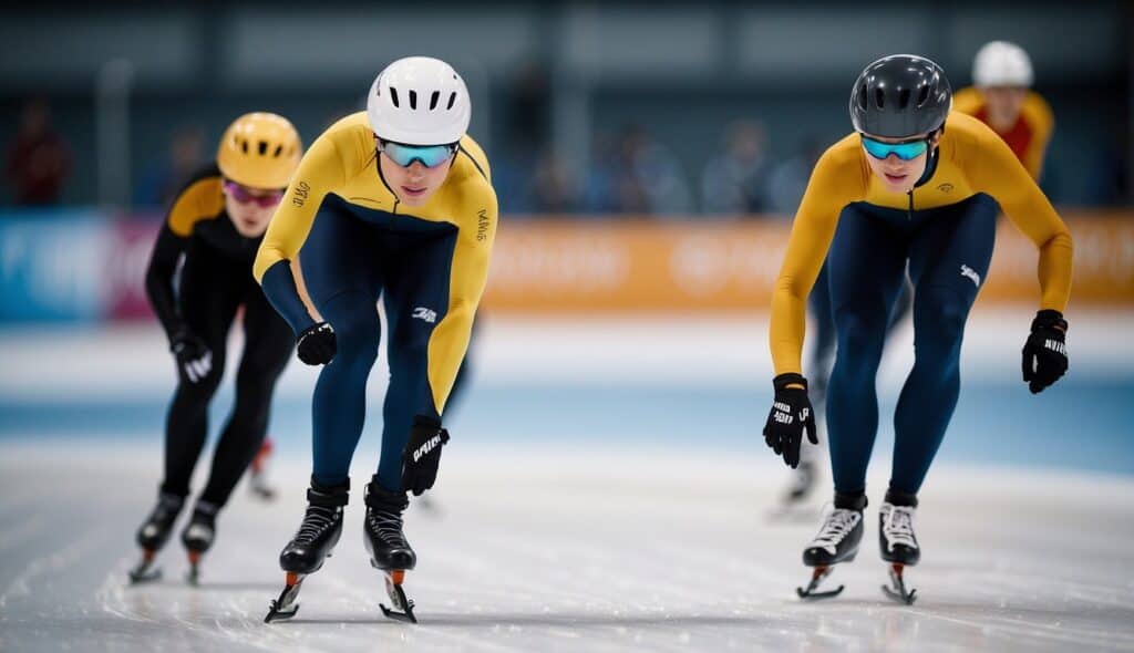 Speed skaters glide around a curved ice track, practicing various training methods. Coaches offer tips and guidance to improve technique and speed