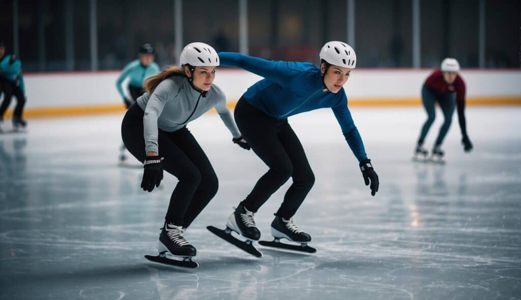 Skaters on ice, practicing speed skating techniques and strategies, with a coach providing guidance and tips