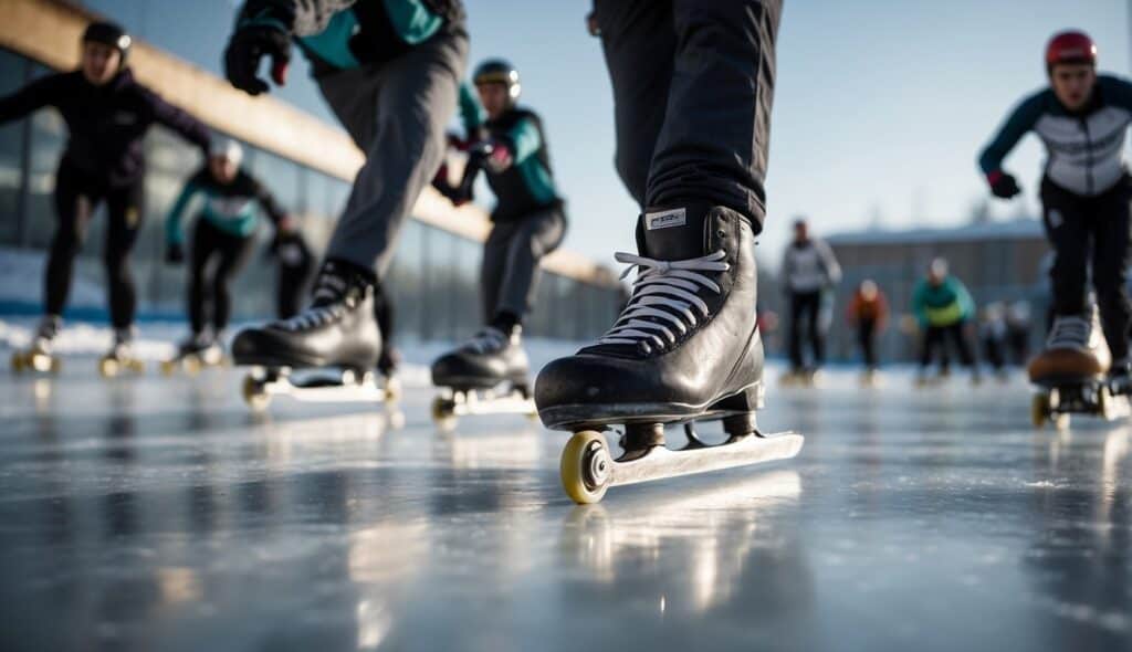 Skaters racing on ice, coaches giving tips, advanced training and competitions in the background