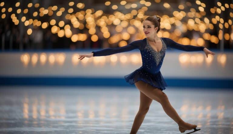 A figure skater gracefully glides across the ice, wearing a stunning and elegant costume that sparkles under the spotlight