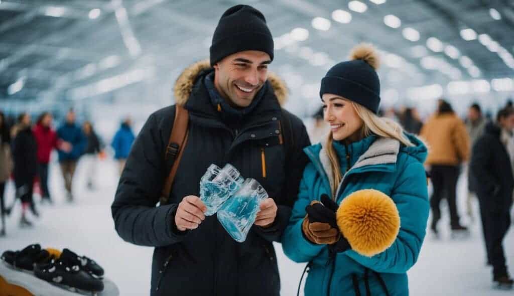 A person purchasing and caring for ice skating equipment, surrounded by fashionable ice skating attire and accessories