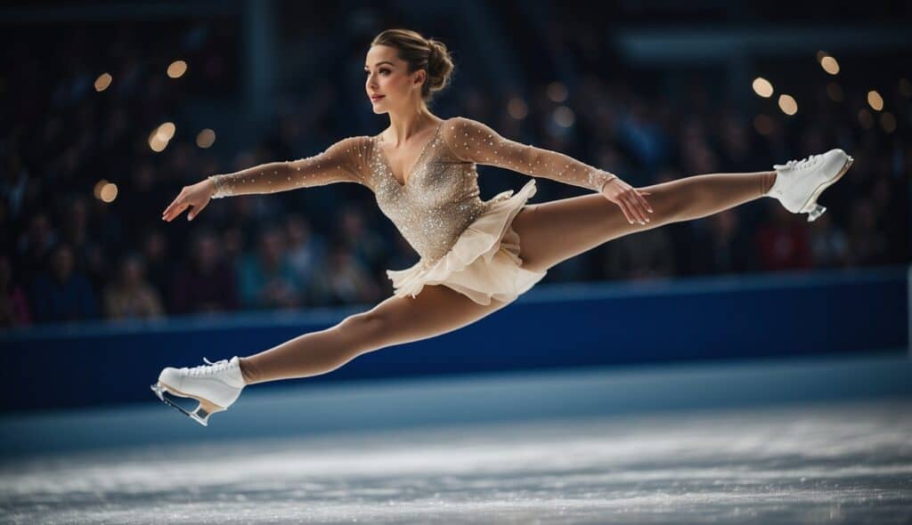 A figure skater gracefully glides across the ice, adorned in elegant and fashionable attire, captivating the audience with their skill and style