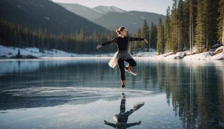 A figure skater glides across a frozen lake, surrounded by snow-capped mountains and pine trees. The ice glistens in the sunlight, reflecting the pristine natural environment