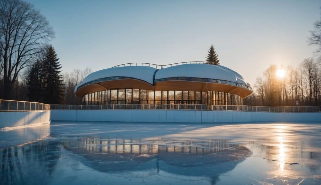 A serene ice rink surrounded by eco-friendly facilities and renewable energy sources, showcasing sustainable practices in ice sports