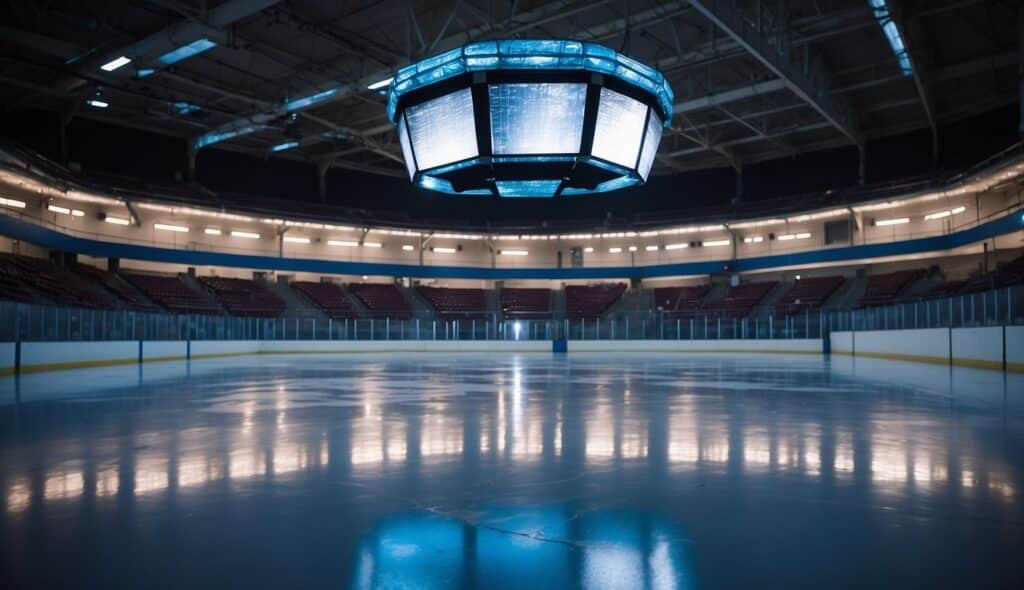 An ice rink surrounded by energy-efficient LED lighting, solar panels, and recycling bins, showcasing the sustainability of ice sports facilities