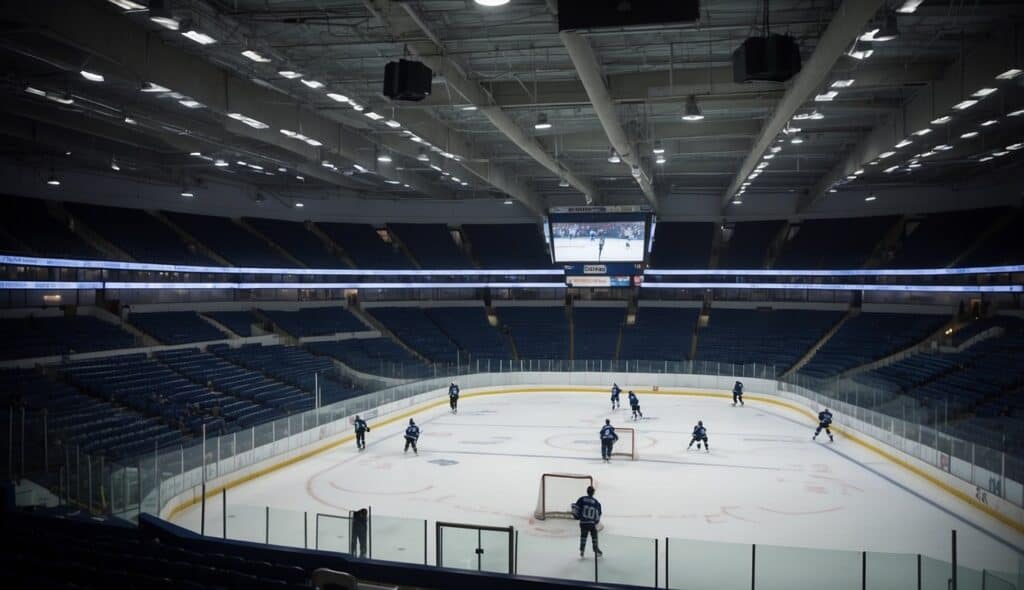 A hockey rink with solar panels on the roof, recycling bins for spectators, and a water conservation system in place